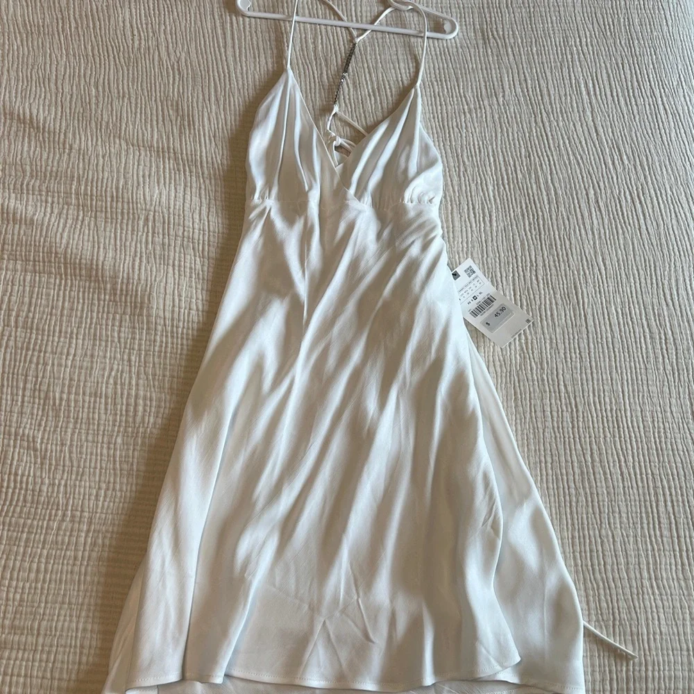Zara Satin White Mini Dress with Rhinestones - Picture 2 of 5
